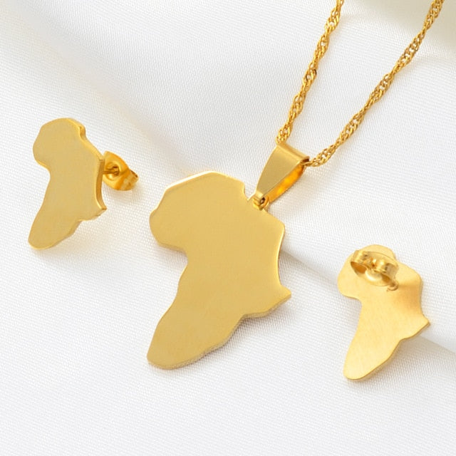 Africa Pendant Necklace and Earrings Gold/Silver